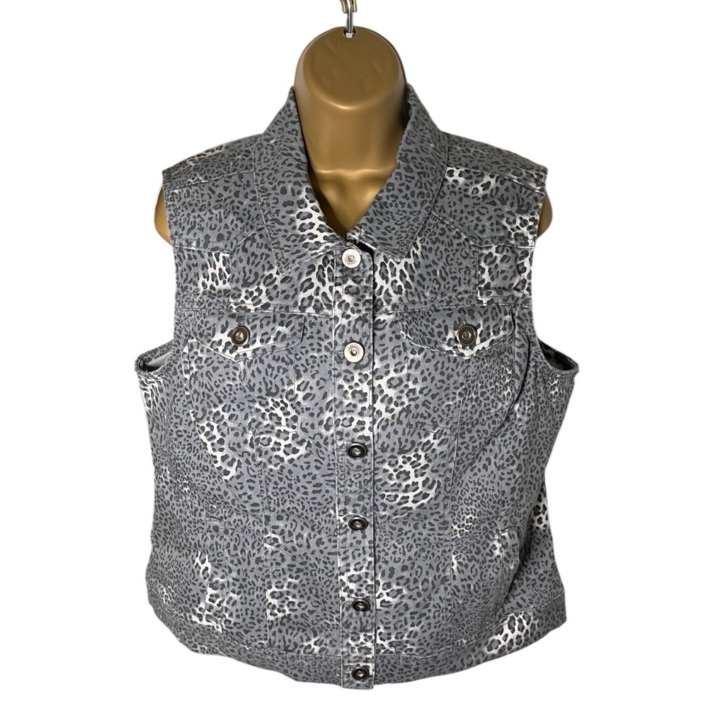 Roz & Ali Denim Vest Sleeveless Leopard Print Gray Combo L